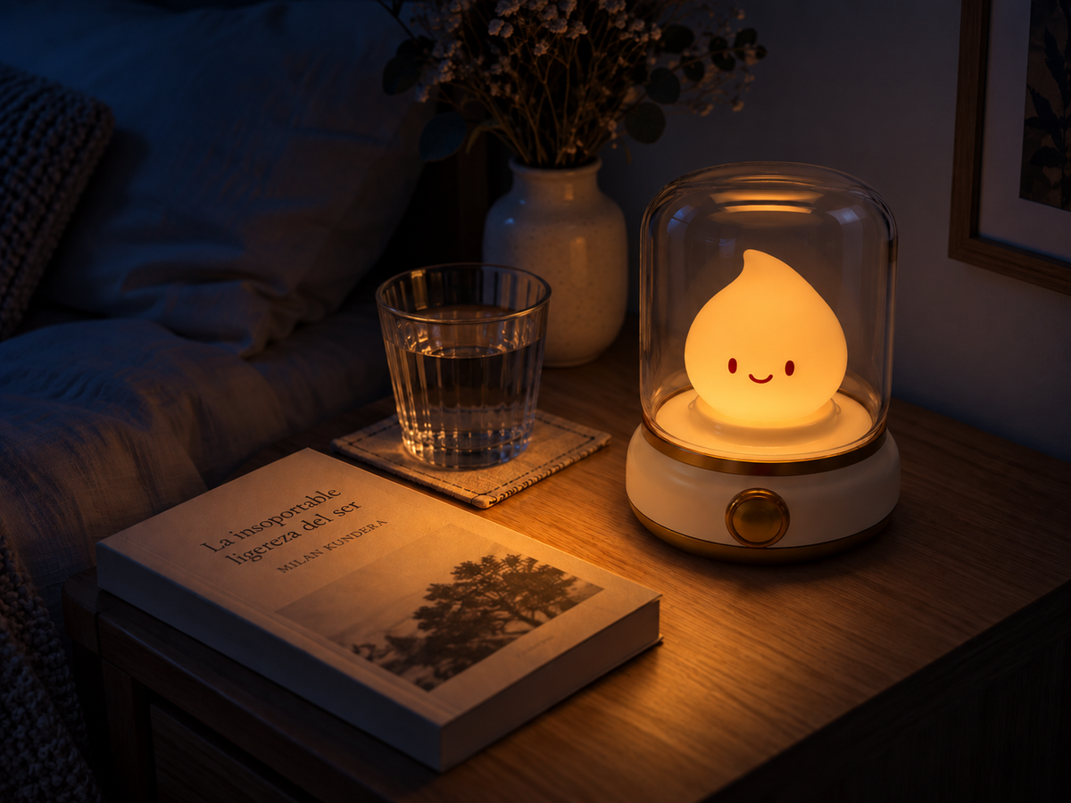 La lámpara a media intensidad, con el libro de al lado iluminado